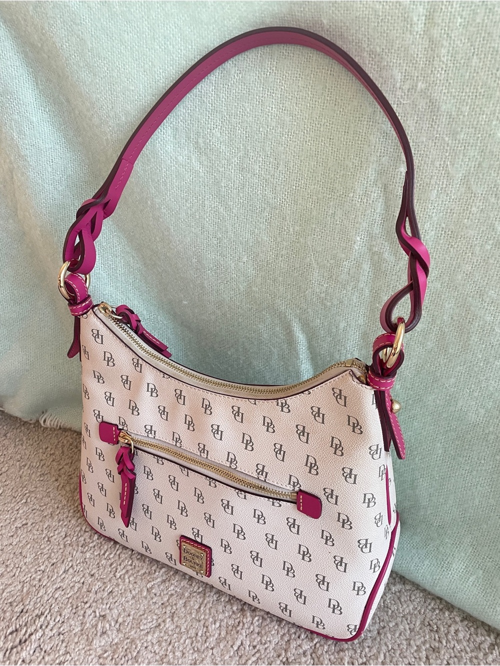 Dooney Bourke White Monogram Shoulder Bag with Pink Trim - Gretta Twist Strap - Picture 7 of 17